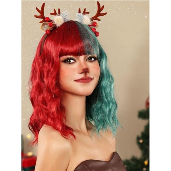 Christmas Wig Half Red and Half Green Wig with Bangs Short Wavy Wigs